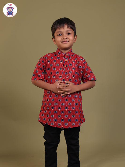 Maroon & Blue - Boys Printed Short Kurta