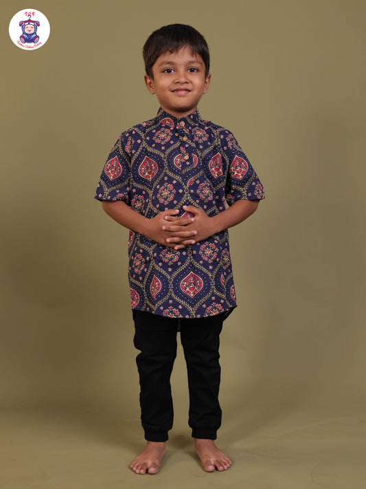 Navy Blue & Pink - Boys Printed Short Kurta