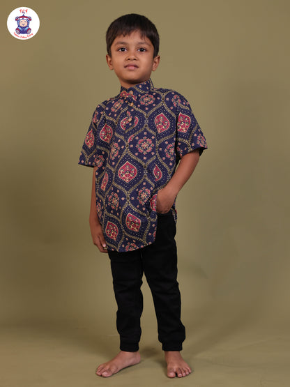 Navy Blue & Pink - Boys Printed Short Kurta