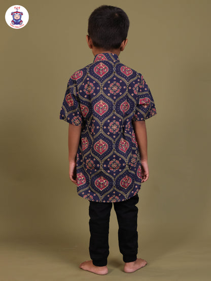 Navy Blue & Pink - Boys Printed Short Kurta