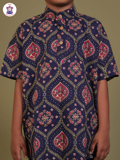 Navy Blue & Pink - Boys Printed Short Kurta
