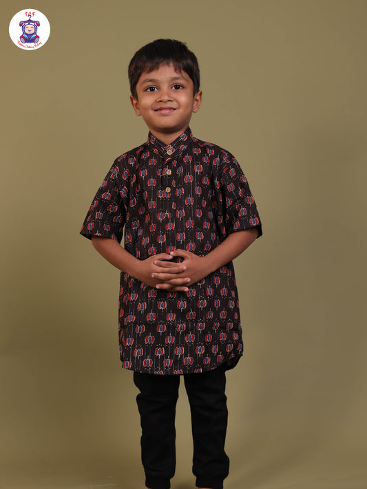 Black & Maroon - Boys Printed Short Kurta