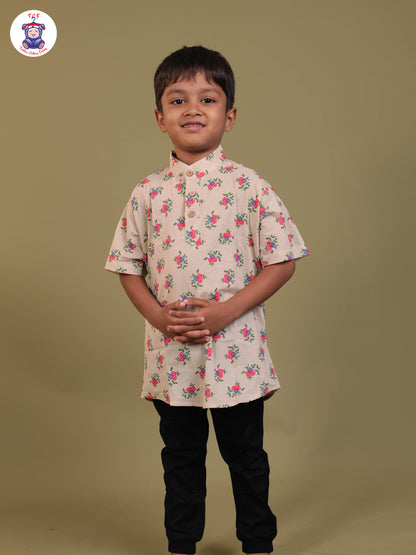 Cream - Boys Printed Short Kurta
