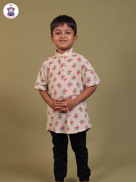 Cream - Boys Printed Short Kurta