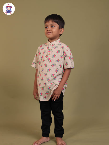 Cream - Boys Printed Short Kurta