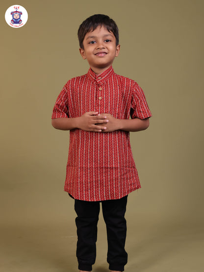 Maroon - Boys Printed Short Kurta