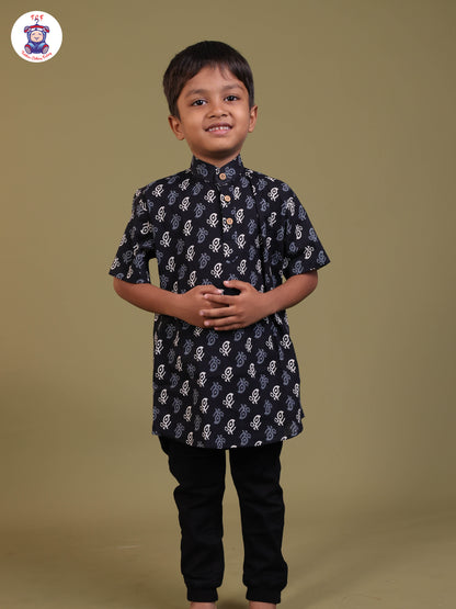 Navy Blue - Boys Printed Short Kurta