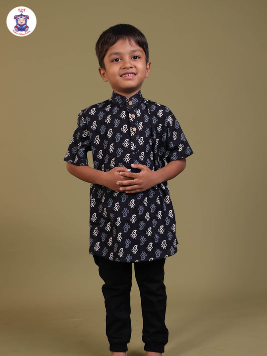 Navy Blue - Boys Printed Short Kurta