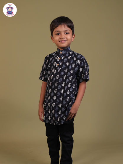 Navy Blue - Boys Printed Short Kurta