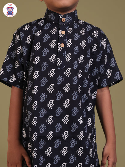Navy Blue - Boys Printed Short Kurta