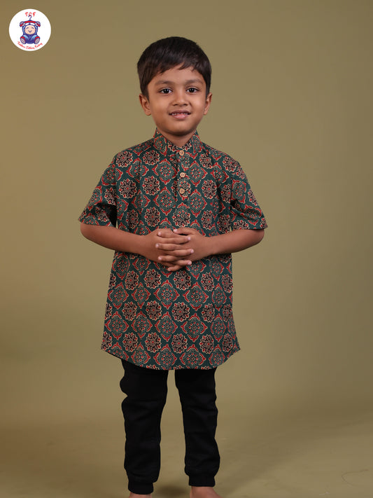 Dark Green & Brown - Boys Printed Short Kurta