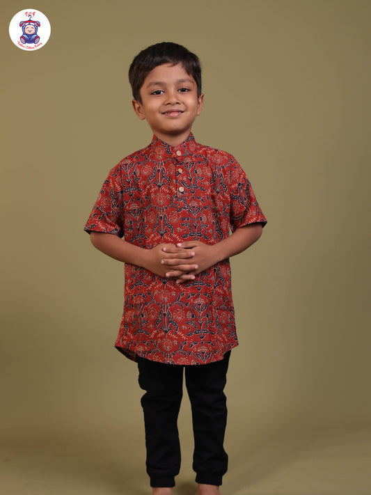 Brown - Boys Printed Short Kurta