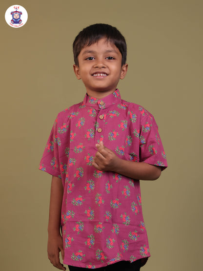 Magenta - Boys Printed Short Kurta