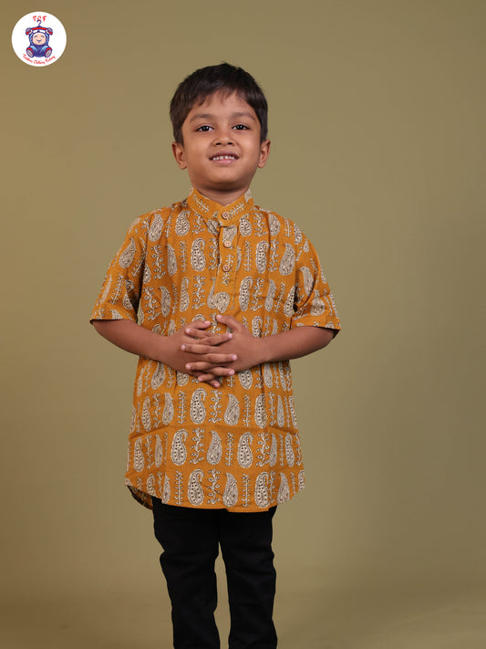 Mustard - Boys Printed Short Kurta