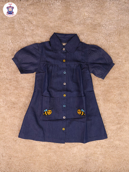 Blue - Denim Girls Printed Frock