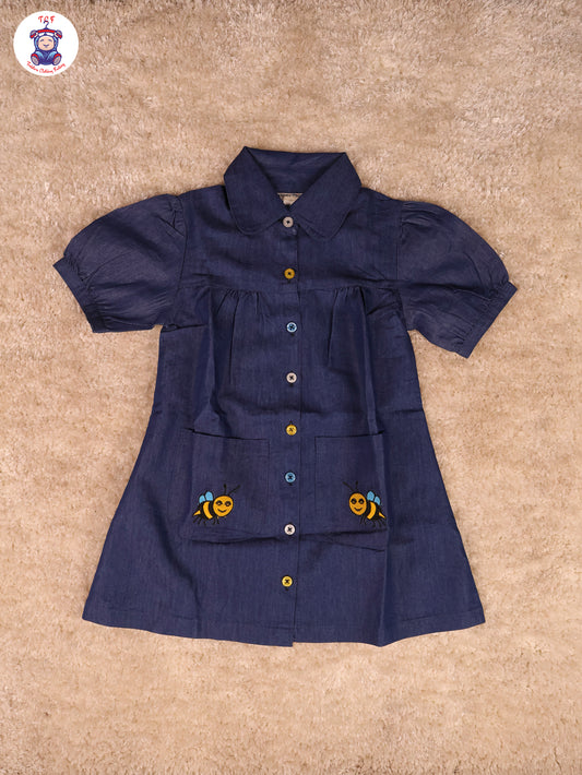 Blue - Denim Girls Printed Frock