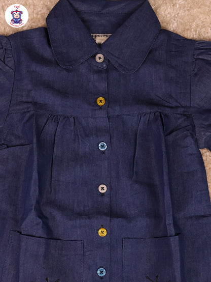 Blue - Denim Girls Printed Frock
