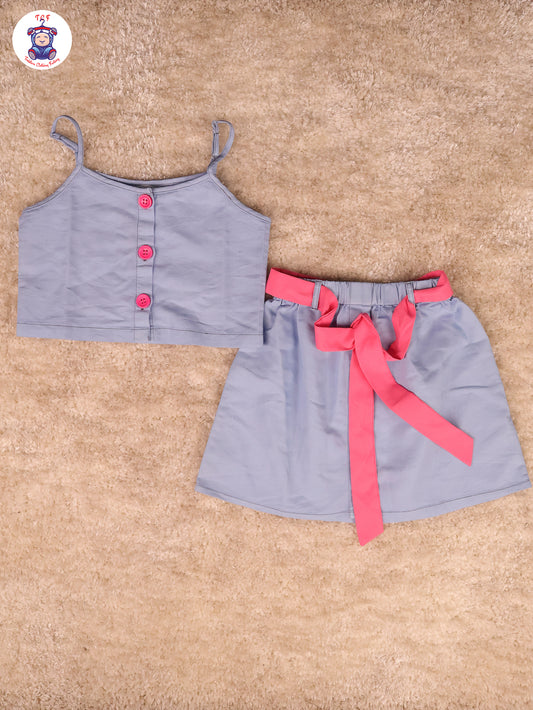 Denim Blue - Girls Top & Skirt With Pink Belt