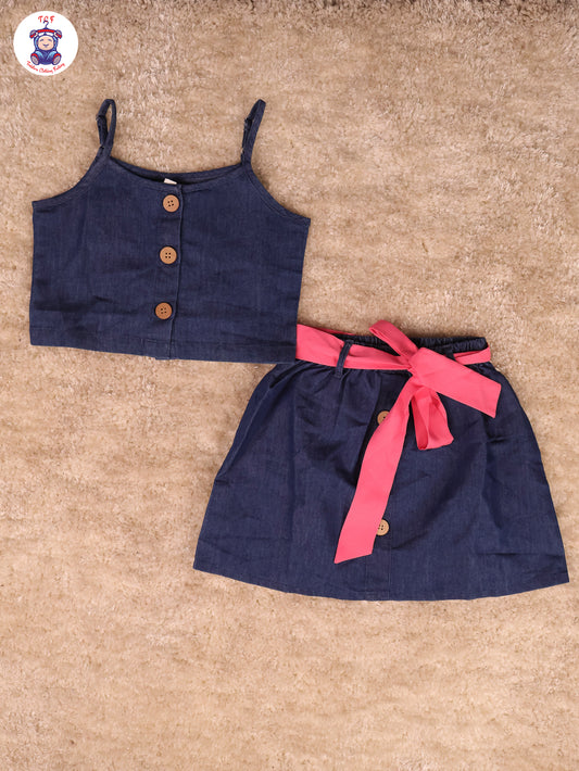 Denim Light Blue - Girls Top & Skirt With Pink Belt