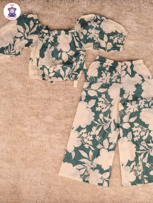 Green - Floral Crop Top & Pant