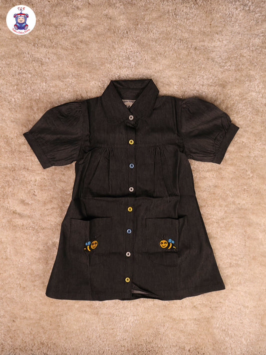Black - Denim Girls Printed Frock