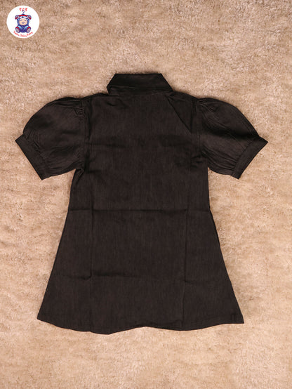 Black - Denim Girls Printed Frock