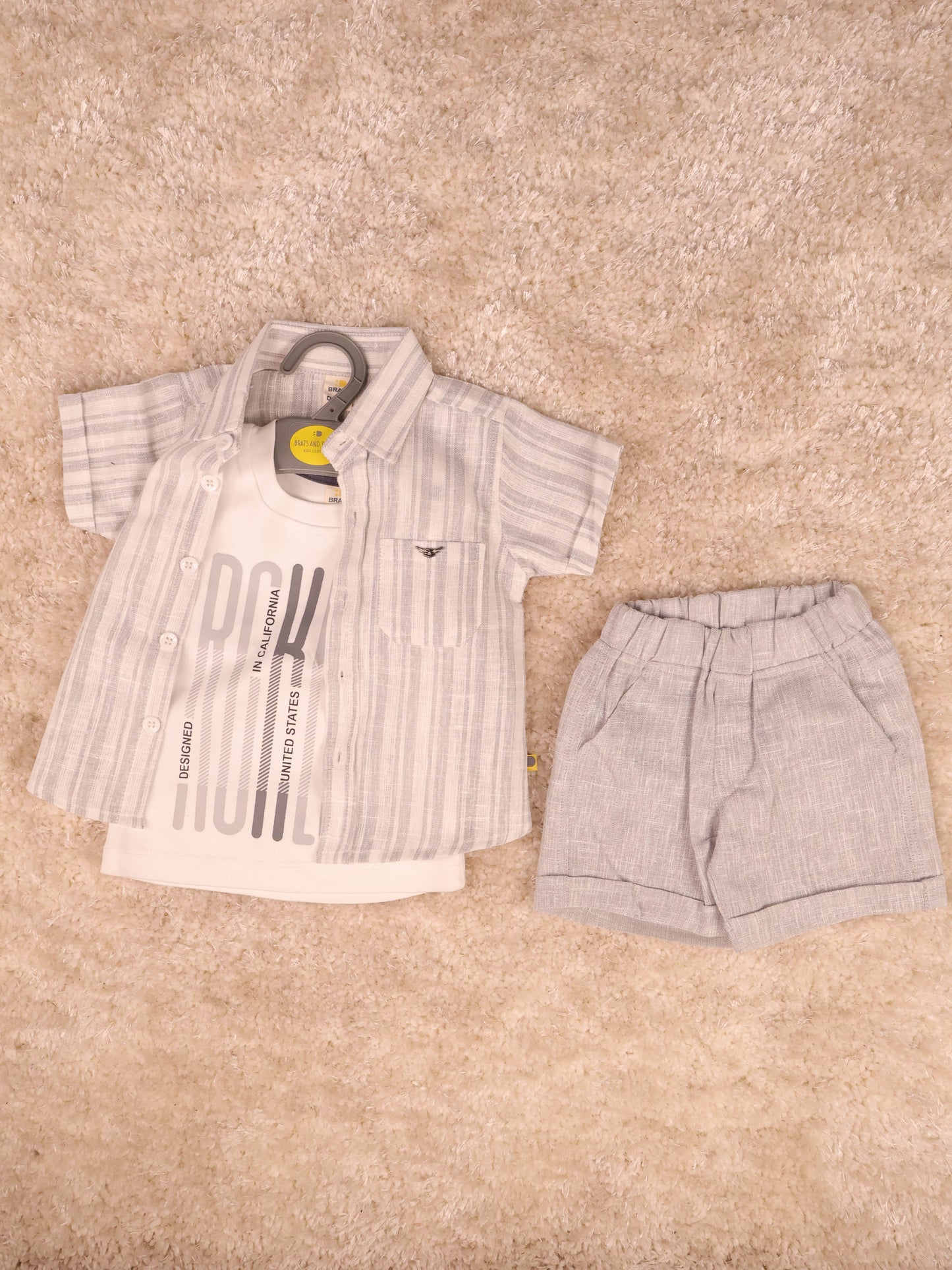 Grey & White T-Shirts With Shirt and Shorts