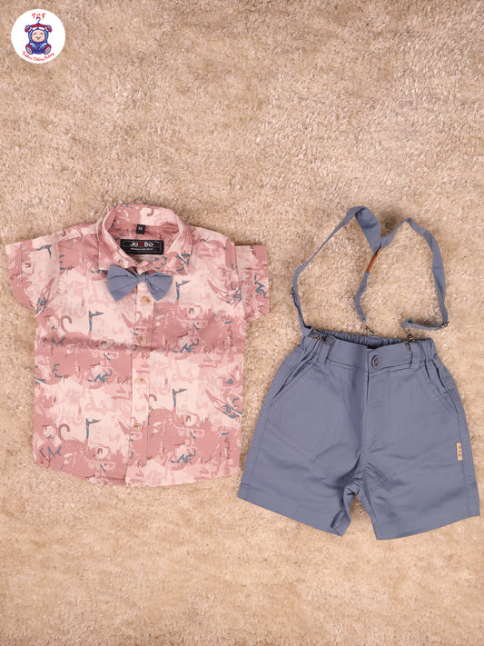 Pink & Grey Half Sleeves Shirts & Shorts Set With Suspender & Bow