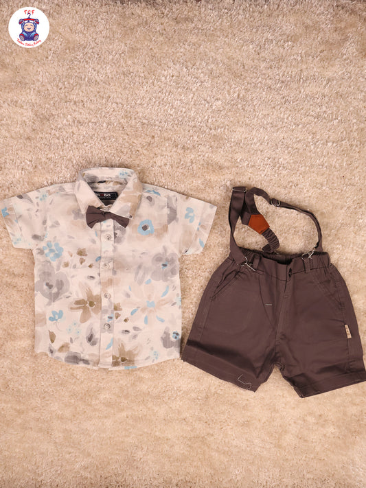 White Floral & Grey  Half Sleeves Shirts & Shorts Set With Suspender & Bow