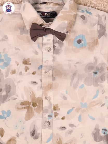 White Floral & Grey  Half Sleeves Shirts & Shorts Set With Suspender & Bow