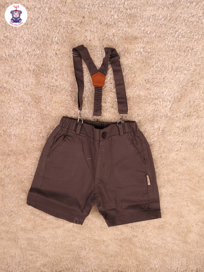 White Floral & Grey  Half Sleeves Shirts & Shorts Set With Suspender & Bow