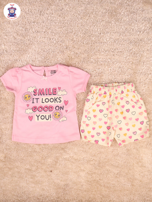 Pink & Half White - Girls Tshirts & Shorts