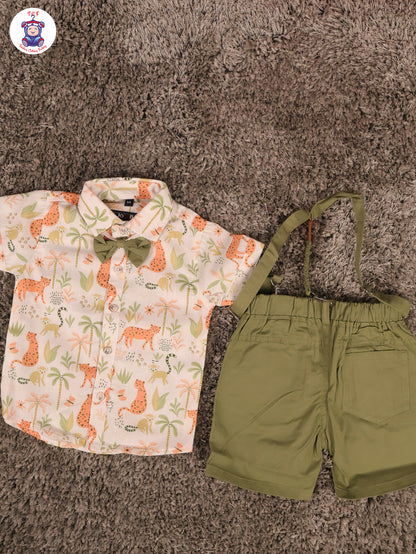 Orange Cheetah & Green - Half Sleeves Shirts & Shorts Set With Suspender & Bow