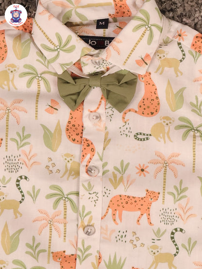 Orange Cheetah & Green - Half Sleeves Shirts & Shorts Set With Suspender & Bow