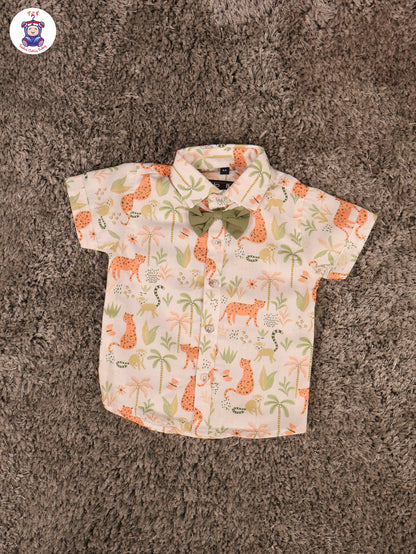Orange Cheetah & Green - Half Sleeves Shirts & Shorts Set With Suspender & Bow