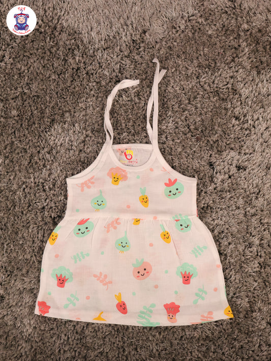 White Multi Cartoons Muslin Top Knot Frocks