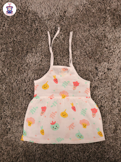 White Multi Cartoons Muslin Top Knot Frocks