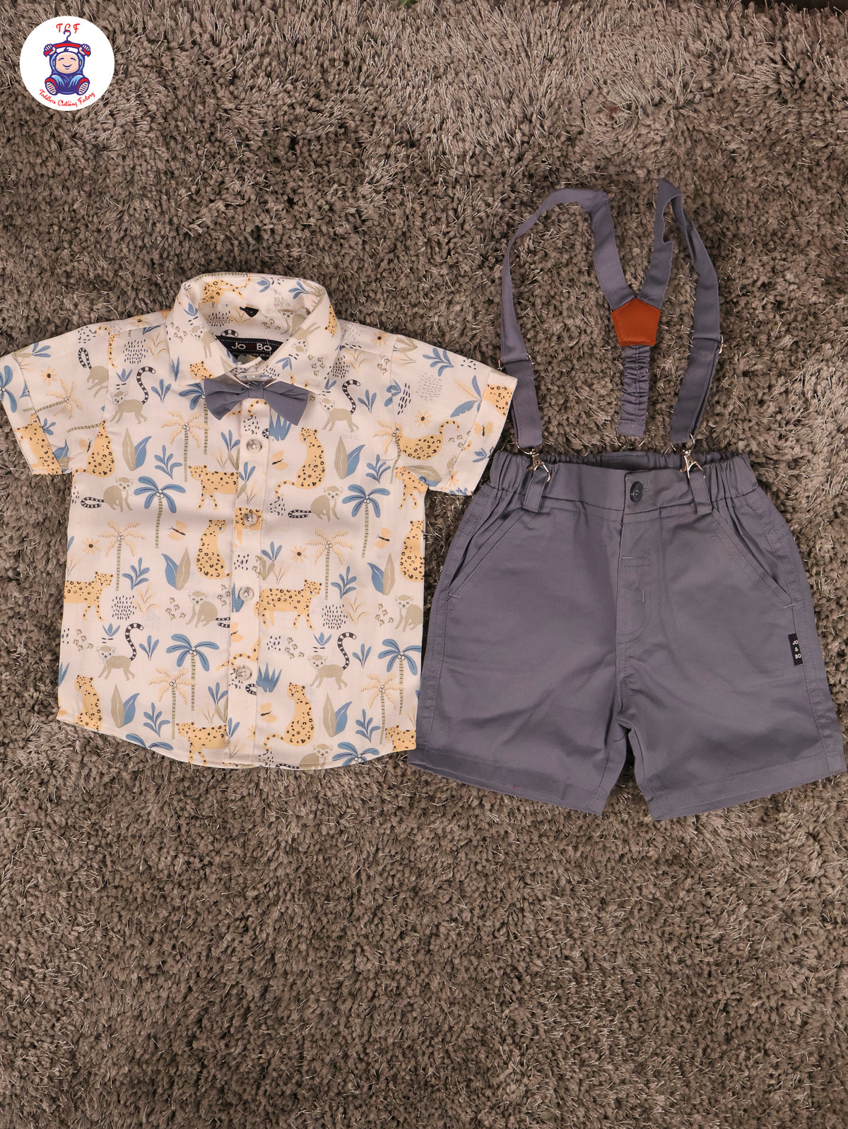 Blue Cheetah & Green - Half Sleeves Shirts & Shorts Set With Suspender & Bow