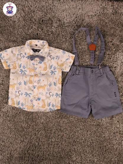 Blue Cheetah & Green - Half Sleeves Shirts & Shorts Set With Suspender & Bow