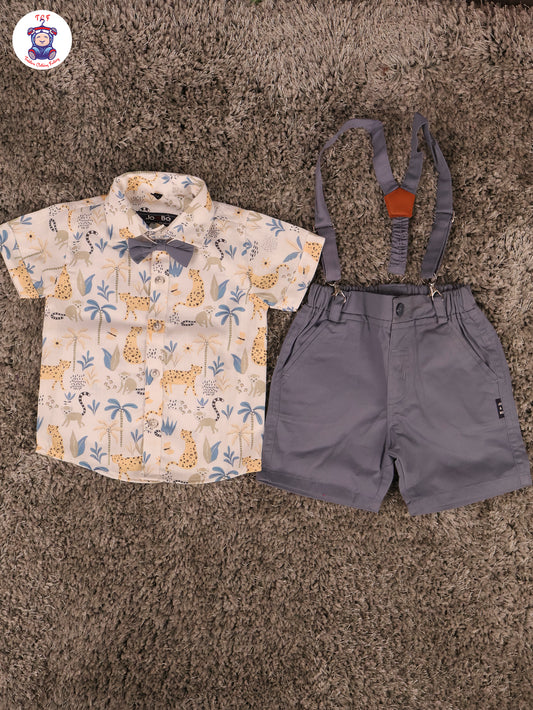 Blue Cheetah & Green - Half Sleeves Shirts & Shorts Set With Suspender & Bow