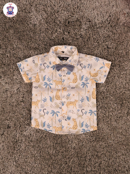 Blue Cheetah & Green - Half Sleeves Shirts & Shorts Set With Suspender & Bow