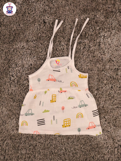 White Multi Cartoons Muslin Top Knot Frocks