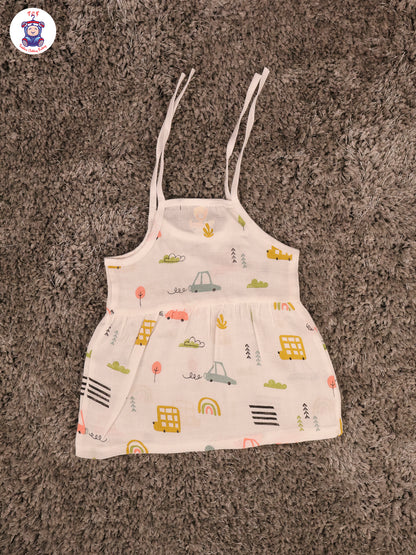 White Multi Cartoons Muslin Top Knot Frocks
