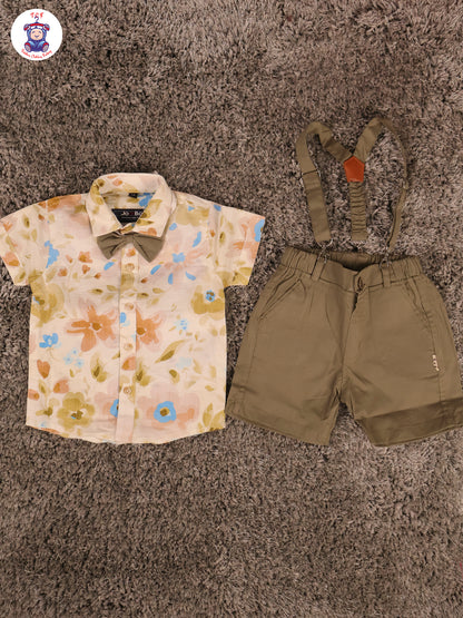 White Floral & Green  Half Sleeves Shirts & Shorts Set With Suspender & Bow