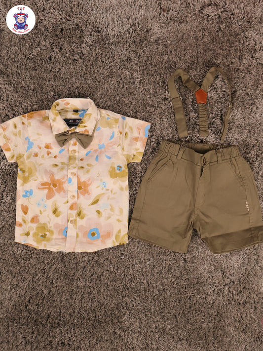 White Floral & Green  Half Sleeves Shirts & Shorts Set With Suspender & Bow