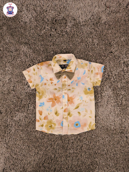 White Floral & Green  Half Sleeves Shirts & Shorts Set With Suspender & Bow