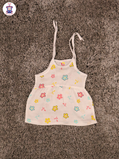 White Multi Cartoons Muslin Top Knot Frocks