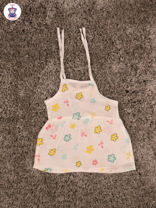White Multi Cartoons Muslin Top Knot Frocks