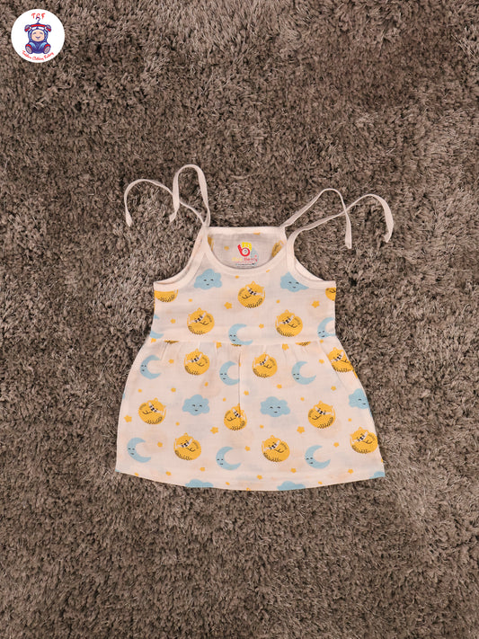White Multi Cartoons Muslin Top Knot Frocks