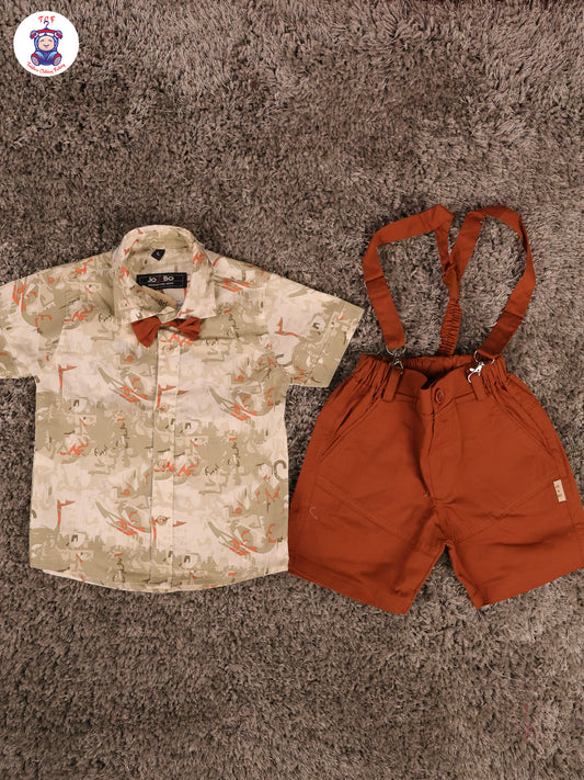 Green & Brown Half Sleeves Shirts & Shorts Set With Suspender & Bow